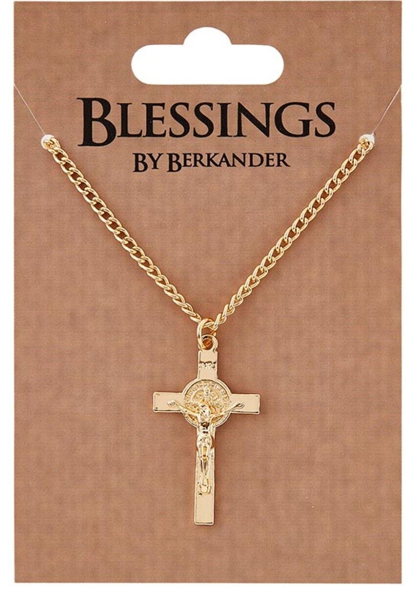 Primary image for Saint Benedict Gold tone Crucifix Necklace, New #AB-077