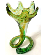 Vintage Mid Century Hand Blown Green &amp; Clear Swirl Sooner Glass Trumpet ... - $481.11 MXN