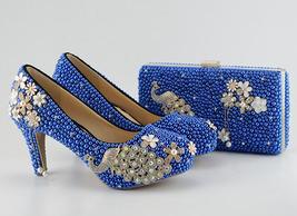 New Royal Blue  Women wedding shoes with matching bags bride High heels platform - £171.88 GBP
