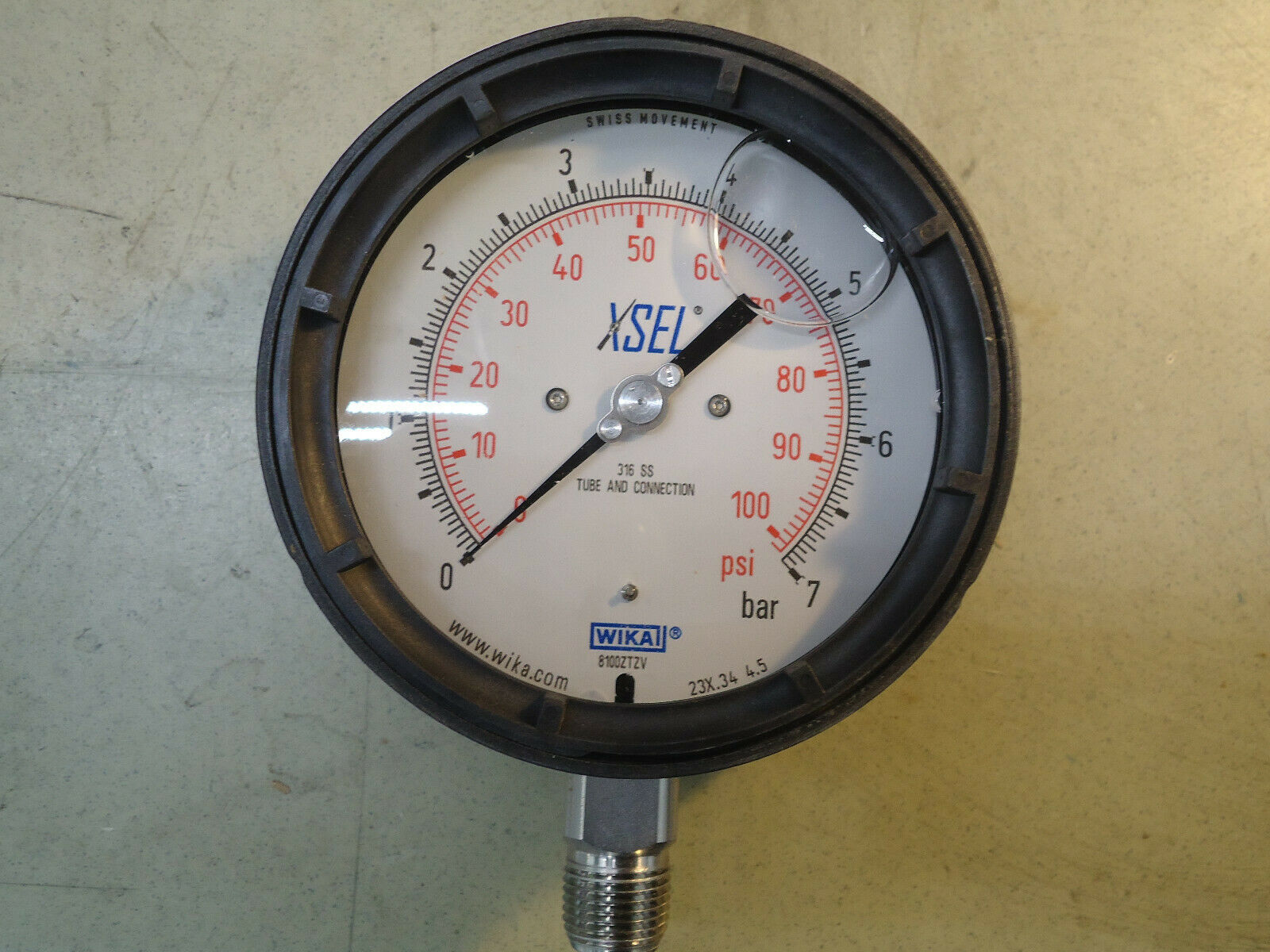 Wika Pressure Gauge 233.34 4-1/2&quot; 7 bar/2nd Scale PSI 1/2 NPT Lower Mount - $49.49