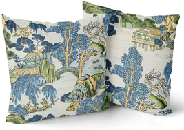 Chinoiserie Pillow Cover Set of 2 18X18 Inch Asian Scenic Blue and Green Cotton  - £14.15 GBP