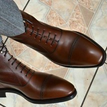 Handmade High Ankle Dark Brown Lace Up  Cap Toe Leather Boot  - £118.86 GBP