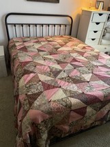 Handmade Quilt Vintage King Bedspread 100&quot;x100&quot;  Burgundy Red Pink Beige... - $186.64