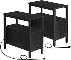 Set Of 2 End Tables With Charging Station, Narrow Side Table With Drawer... - $277.99