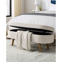 Mid-Century Modern Boho Style Off-White Beige Linen Bedroom Storage Bed Bench - $220.49