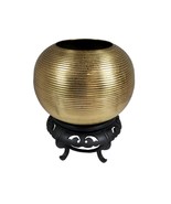 Vintage Brass 9&quot; Brass Globe Vase Lacquered on Hand Carved Wood Base Ind... - £73.54 GBP