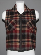 VTG Woolrich Burgundy Grey Black Tan Plaid Wool Blend Lined Zipper Vest Wm&#39;s S - £27.67 GBP