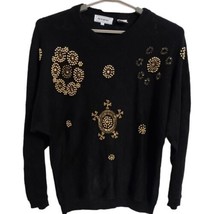 Vintage 80s Heavily Beaded Sweater L Granny Black Gold Ramie Cotton JJ F... - $34.64