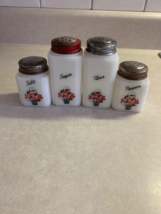 Vintage Tipp City Salt Pepper Sugar Flour shaker set in red flower baske... - £52.08 GBP