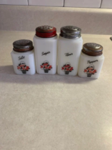 Vintage Tipp City Salt Pepper Sugar Flour shaker set in red flower baske... - £51.51 GBP