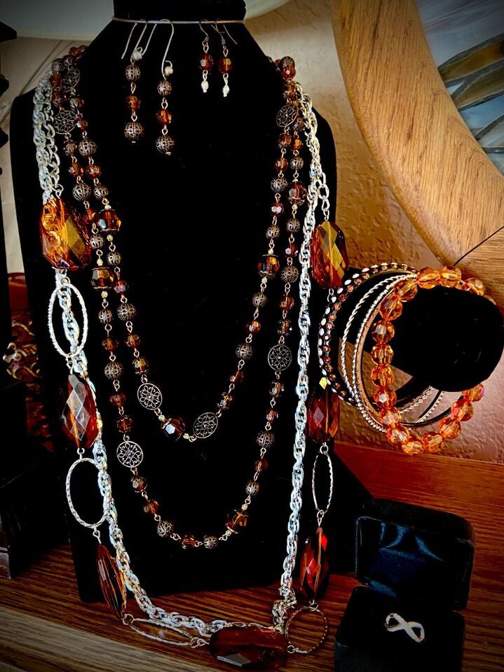Primary image for "Reinvented Vintage"  OOAK Sar Cov Amber and Silvertone Layered Necklace Set