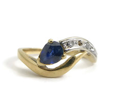 Vintage 1960&#39;s Pear Blue Sapphire Diamond Bypass Ring 18K Yellow Gold, 2... - $495.00
