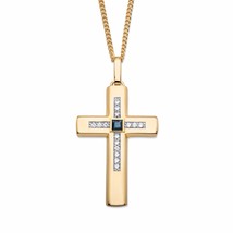 14K Gold Gp Blue Sapphire Pendant Cross Crucifix Charm And 22&quot; Chain - £79.74 GBP