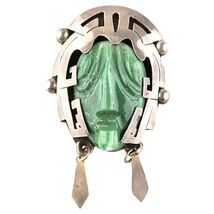 Sterling Silver &amp; Green Calcite Mexican Taxco Aztec Mask Figure Brooch - $346.31