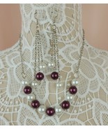 Glass Pearl Necklace and Earrings  Handmade White/Burgundy  - FREE SHIPPING - €16,98 EUR