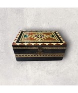 Vtg Spanish Moorish Wood Marquetry Mosiac Jewelry Trinket Box Green Geom... - $38.15 CAD