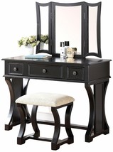 Black 3 pc Vanity Set Tri Mirror Wooden Table Stool Makeup Drawer Bedroom Desk - £513.14 GBP