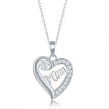 Sterling Silver &#39;Mom&#39; CZ Heart Necklace - £24.29 GBP