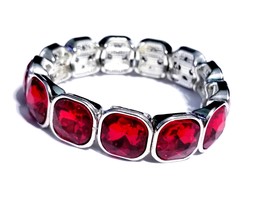 Rhinestone Bracelet Stretch, Red Crystal Bracelet, Pageant Prom Jewelry, Bridal  - £31.20 GBP