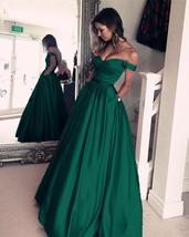 Dark Green Satin V-neck Prom Long Dresses Off Shoulder Evening Gowns Beaded Sash - £127.09 GBP
