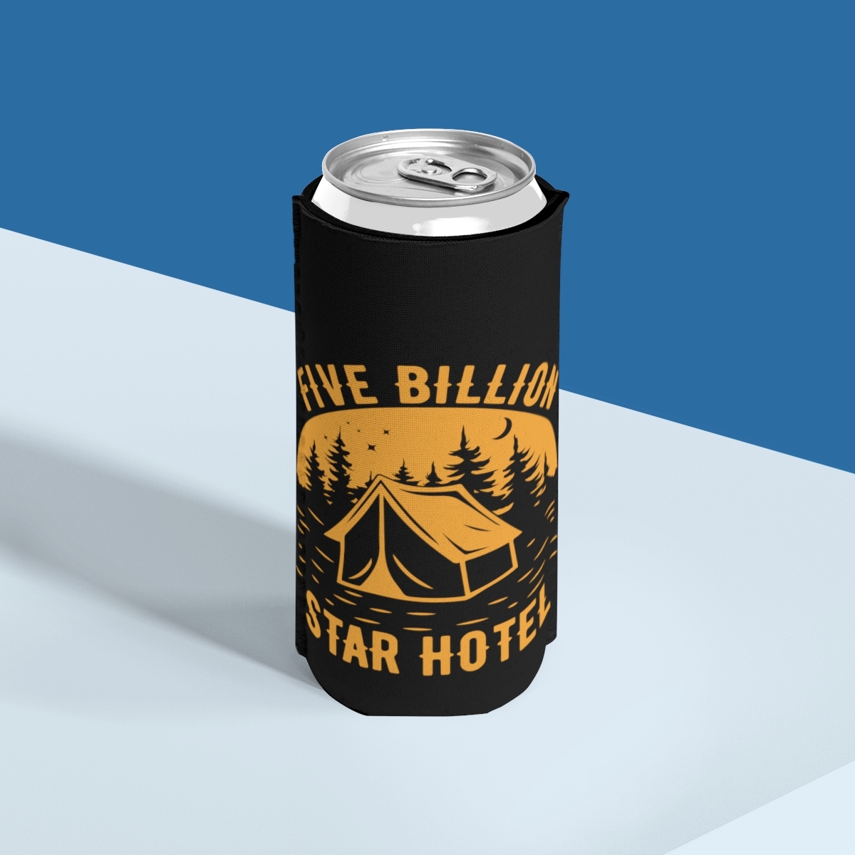 Five Billion Star Hotel Tent Slim Can Cooler | Humorous Graphic | Camping Gift - $15.45