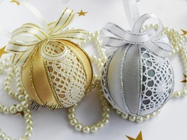 Set of two laced Christmas tree ornament silver gold bauble xmas gift  h... - £26.68 GBP