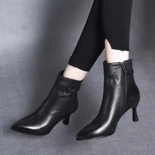 High-heeled Short Boots Women&#39;s Autumn Winter New Pointed Toe Thin-heeled Short  - £33.58 GBP