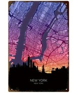 New York City Modern Retro Sunset Skyline Metal Wall Art - Grid Map Deco... - £12.38 GBP