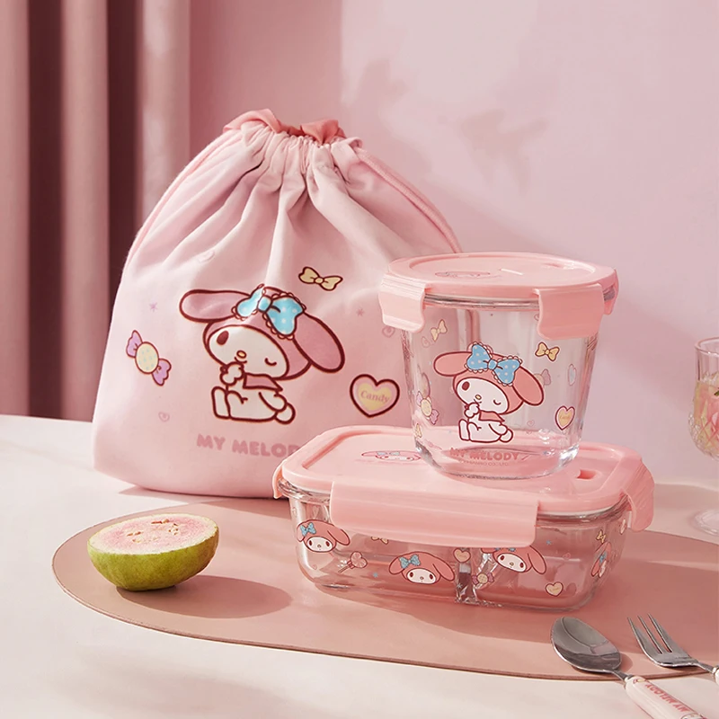 Hello Kitty Lunch Box Sanrio Anime Glass Fresh Bowl Kawaii My Melody Divider - £21.58 GBP+