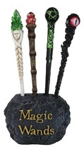 4 Assorted Wizards Witches Dragons Magic Wands With Faux Rock Holder Stand Set - £51.31 GBP