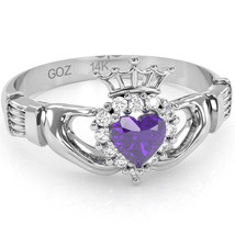 Claddagh Amethyst Diamond Ring In Solid 14k White Gold - £471.36 GBP