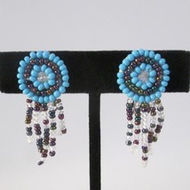 Vintage Handmade Seed Bead Clip Earrings Southwestern Round Dangles - £7.38 GBP