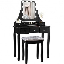 Vanity Dressing Table Set with 10 Dimmable Bulbs and Cushioned Stool-Black - Col - £148.68 GBP