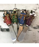 Christmas Cheese Speader Knives Lot Of 4 Resin Figural Stainless Steele - £11.62 GBP