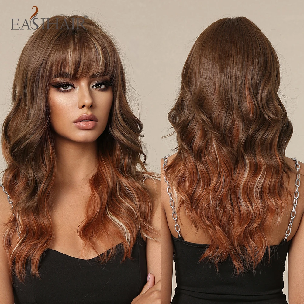 EASIHAIR Short Wavy Synthetic Wigs Ombre Brown Orange Copper Shoulder Leng - £16.77 GBP+