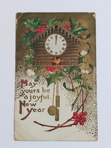 May Yours Be A Joyful New Year Clock Holly Berries Bird Antique Postcard 1910 - £7.98 GBP