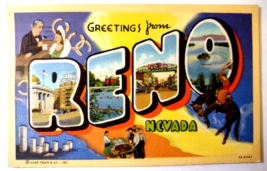 Greetings From Reno Nevada Large Letter Postcard Linen Curt Teich Gambli... - $17.10