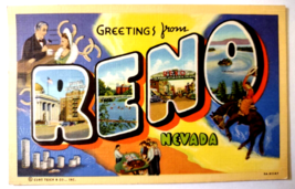 Greetings From Reno Nevada Large Letter Postcard Linen Curt Teich Gambling Horse - £13.43 GBP