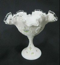 Fenton Silver Crest Ruffled Pedestal Footed Candy Bowl Floral Hand Painted  - £20.91 GBP