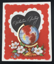 VTG 1950 F &amp; Co World Globe Gold Leaf w/ Flowers Valentine Greeting Card - £9.58 GBP