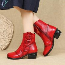 Genuine Leather Platform Boots New Autumn Winter Women Shoes Zip Round Toe Flowe - $72.64