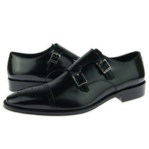 Men Black Color Vintage Brogues Cap Toe Handmade Premium Leather Monk Shoes - £119.87 GBP+