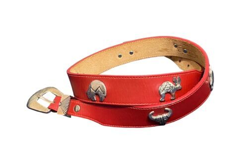 Primary image for Vintage 90s Womens Silver Concha Southwestern Animals Red Leather Belt 30