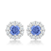 Precious Stars Silvertone Light Blue Cubic Zirconia Halo Stud Earrings - £16.51 GBP