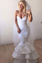 Modern V Neck White Lace Appliques Mermaid Ruffled Long Wedding Dress - £189.23 GBP