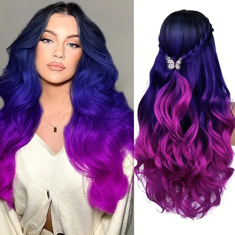 Long Purple Wavy Wigs Ombre Purple Body Wave Mermaid Hair Wig For Women Midd - £19.17 GBP+