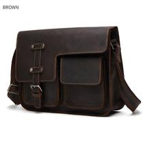New Vintage Crazy Horse Genuine Leather Black Men&#39;s Crossbody Bags Briefcase - $116.66