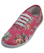 Womens Pink Rose Floral Print Canvas Sneakers Tennis Shoes Lace Up Plimsoll - £9.59 GBP