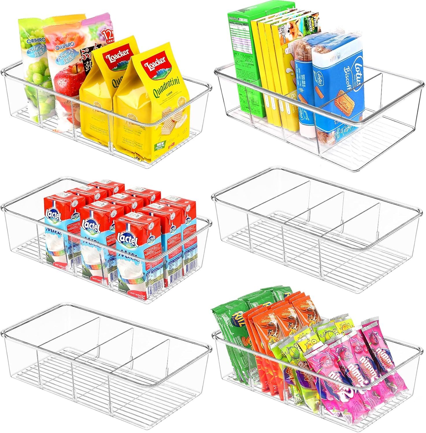 6 Pack Food Storage Organizer Bins Clear Plastic Removable Snack Organizer - $36.99