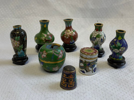 Miniature Japanese Brass Vase Lot Floral Urns Pots Jars Thimble Cloisonne - £103.85 GBP